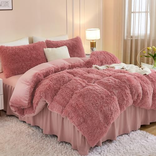 Andency Old Pink Queen Comforter Set, Fluffy Faux Fur Warm Bedding Set