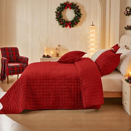 Quilt Set Oversized King Size 120x120 Luxurious Velvet Bedding Sets with 2 Pillow Shams 20x36 3 Pieces Ultra Soft Quilted Bedspread Coverlet Comforter for All Season,Red