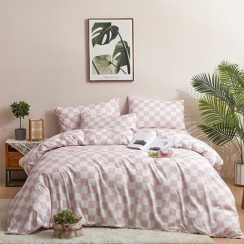 Wellboo Pink White Plaid Comforter Sets Twin Women Men Bean Pink and White Checkerboard Grid Bedding Comforters Cotton Boys Girls Modern Dusty Pink Checkered Geometric Quilts Luxury Abstract Bed