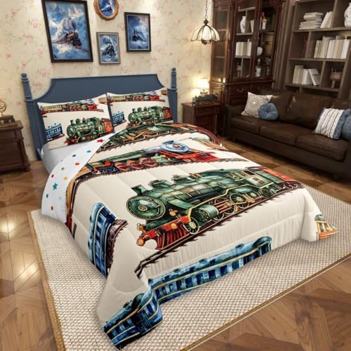 Erosebridal Boys Train Full Bedding Set for Home, Vintage Steam Train Comforter Set, Steam Engine Comforter, Transportation Vehicle Quilt with 2 Pillowcases for Kids Teen Men Bedroom, Lightweight
