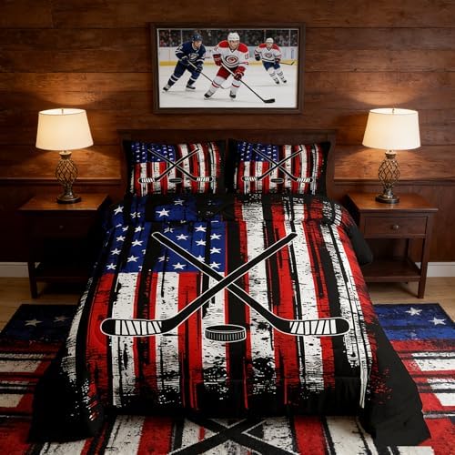 Manfei Ice Hockey Comforter Set King Size, American Flag Print Bedding Set 3pcs for Kids Boys Teens Room Decor, Hockey Sports Gaming Theme Down Comforter with 2 Pillowcases, No Sheets