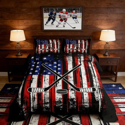 Manfei Ice Hockey Comforter Set Twin Size, American Flag Print Bedding Set 2pcs for Kids Boys Teens Room Decor, Hockey Sports Gaming Theme Down Comforter with 1 Pillowcase, No Sheets