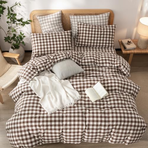BESTOUCH Gingham Cotton Duvet Cover Set Cocoa Brown Queen