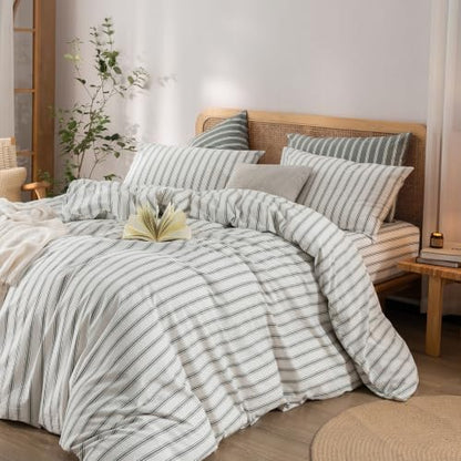 BESTOUCH Striped Cotton Duvet Cover Set Linen Feel Super King