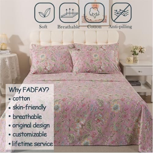 FADFAY Twin Sheet Set 4Pcs 100% Egyptian Cotton Bed Sheets Deep Pocket Soft Breathable Vintage Misty Pink French Country Bedding Shabby Cottagecore Floral Bedding Luxury Hotel Quality for All Seasons