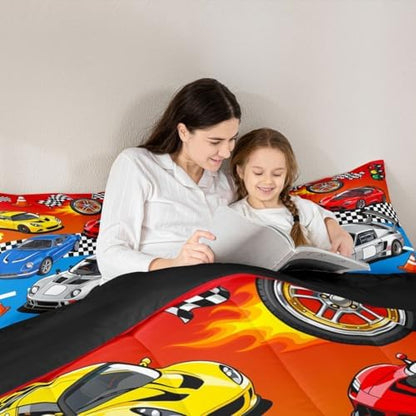 Feelyou Boys Sports Car Comforter Set Full Size Speed Race Car Bedding Set for Kids Boys Girls Racing Extreme Sports Duvet Quilt Automobile Bedroom Decor Microfiber 3 Pcs with 2 Pillow Cases