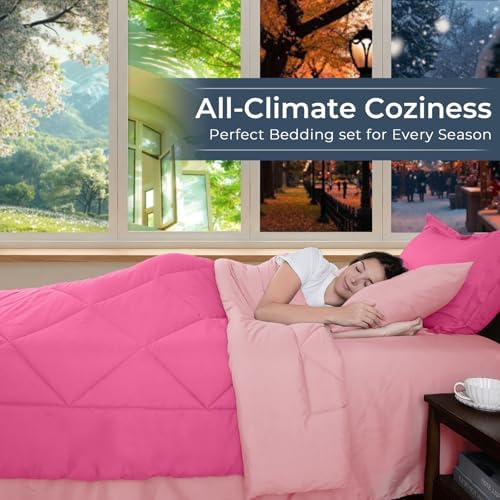 HEVUMYI 7-Piece California King Comforter Set, Hot Pink & Baby Pink Bed in a Bag