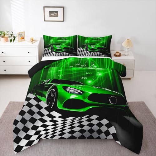 Erosebridal Green Race Car Queen Comforter Set for Toddler Boys,Glitter Ombre Line Art Bedding Set Neon Light Sports Car Dashboard Quilt,Black and White Grid Lattice Buffalo Plaid Decor