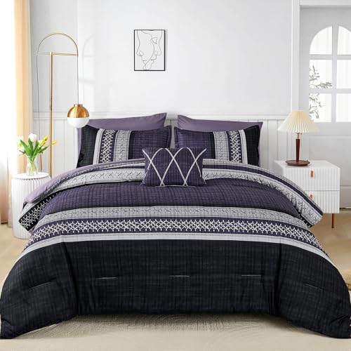 Dintszyayue Purple Comforter Set Queen Size, 8 Pieces Boho Striped Bed in a Bag Soft Microfiber Bedding Set for All Season
