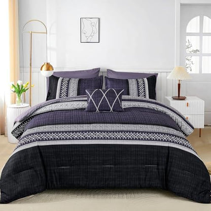 Dintszyayue Purple Comforter Set Queen Size, 8 Pieces Boho Striped Bed in a Bag Soft Microfiber Bedding Set for All Season