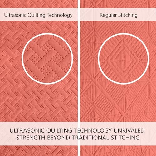 FLYMME Quilts King Size,Lightweight Coral Bedspreads,Basket Weave Pattern,Ultra Soft Microfiber Bed Coverlet 3 Pieces for All-Seasons (1 Quilt,2 Pillow Shams)