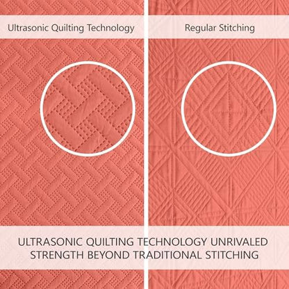 FLYMME Quilts King Size,Lightweight Coral Bedspreads,Basket Weave Pattern,Ultra Soft Microfiber Bed Coverlet 3 Pieces for All-Seasons (1 Quilt,2 Pillow Shams)