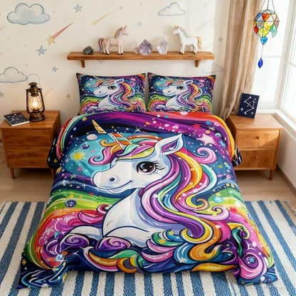 Castle Fairy Unicorn Comforter Set King Size 3 Piece Colorful Unicorn Bedding Set for Girls Kids Bedroom Decor,Universe Starry Sky Watercolor Reversible All Season Quilt Duvet with 2 Pillowcases