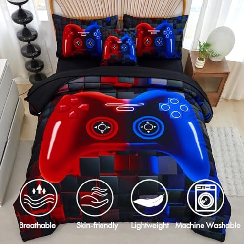PERFEMET 6 Pieces Kids Comforter Sets Twin Size Red and Blue Game Console Bedding Set for Boys Girls Soft Fluffy 3D Cool Teen Gamer Bed in A Bag for All Seasons(Red Blue, Twin)