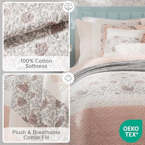Madison Park 100% Cotton Quilt Set Floral Print, Double Sided Stitching, All Season, Lightweight Coverlet Shabby Chic Bedding Layer, Matching Shams, King/Cal King, Blush 6 Piece