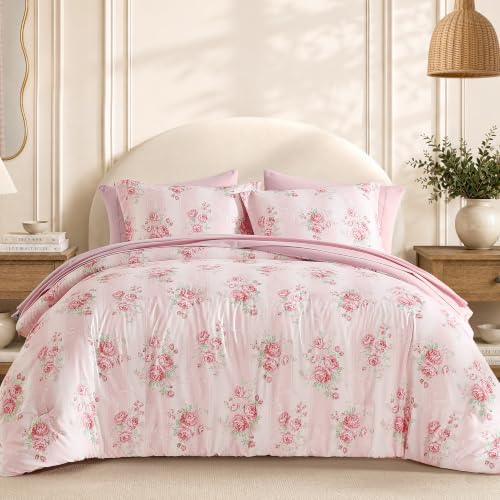 BLOOMHAVEN Twin XL Comforter Set -5 Pieces Floral Maisie Pink Bedding Set for All Seasons, Bed in a Bag with Rose Flowers Comforter, Sheets, Pillowcase & Sham