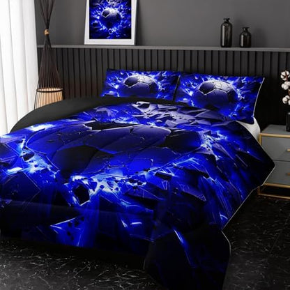 Nttopship Soccer Bedding Comforter Set Queen Size for Kids Teens and Adults, Blue and Black Football Printed Bedding Sets 3 PCS,Ball Sports Themed Bedroom Decor with 1 Comforter and 2 Pillowcases