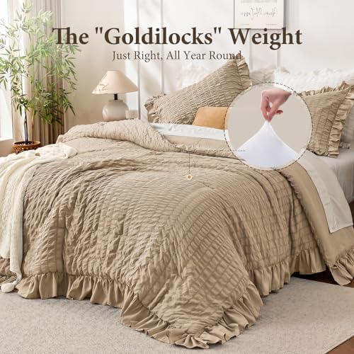 JOLLYVOGUE Khaki Oversized Queen Comforter Set,3pcs Seersucker Bed Set