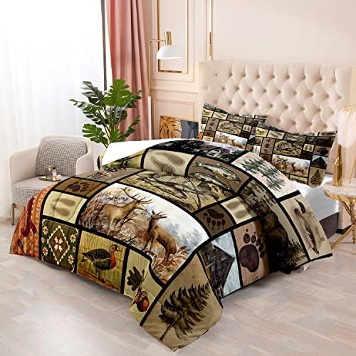 LUVIVIHOME 3PCS Rustic Lodge Comforter Set Full Size, Fish Bear Deer Cabin Bedding Set for Men, Forest Animals Elk Moose Duck Wildlife Hunting Fishing Farmhouse Country Patchwork Quilt, 2 Pillow Shams
