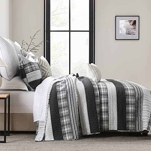 Homzard Quilts Queen Size - Black and White Queen Comforter Set, 100% Cotton Black Grey Striped Bedding Set, Lightweight Reversible Bedspread Set, 3 Piece All Season