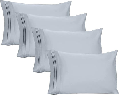 YIYEA Pillow Cases Queen Size Set of 4, Ultra Soft 1800TC Hotel Quality Double Brushed Microfiber Embroidered Pillowcases, Envelope Closure, Fade Resistant (20"x30", Blue)