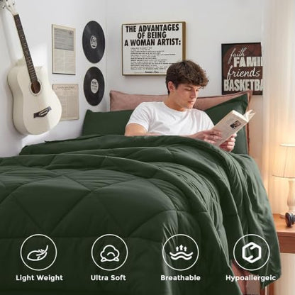 HEVUMYI 5-Piece Twin Comforter Set, Dark Green Bed in a Bag