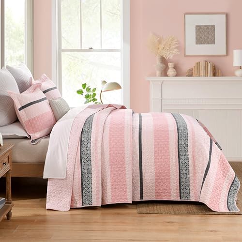 Homzard King Size Comforter Set 100% Cotton Quilt Pink Striped Bedspread