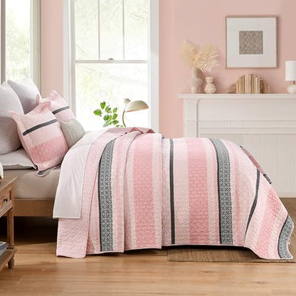Homzard King Size Comforter Set 100% Cotton Quilt Pink Striped Bedspread