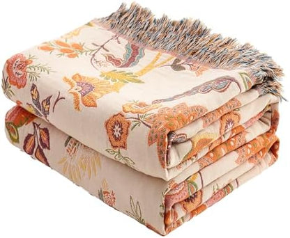 VANJOROY Boho Throw Blanket for Bed Couch 50" x 60", 100% Organic Cotton Skin-Friendly Ultra Soft Quilt Throw - Floral Rustic Living Room Decor Luxury Reversible Blanket for Sofa Chair and Gift