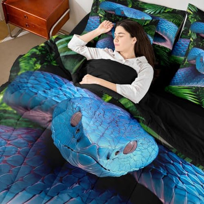 Erosebridal Snake 7 Pcs Bedding Set Twin 3D Reptile Comforter Set with Sheets Blue Scales Bed in A Bag Palm Leaf Wild Animal Bedroom Decor