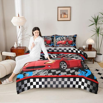 Feelyou Boys Race Car Bedding Set Cool Race Sports Car Set Comforter Set for Kids Boys Sports Theme Duvet Set Checkered Comforter Red 1 Comforter Set with 2 Pillowcases Full Size