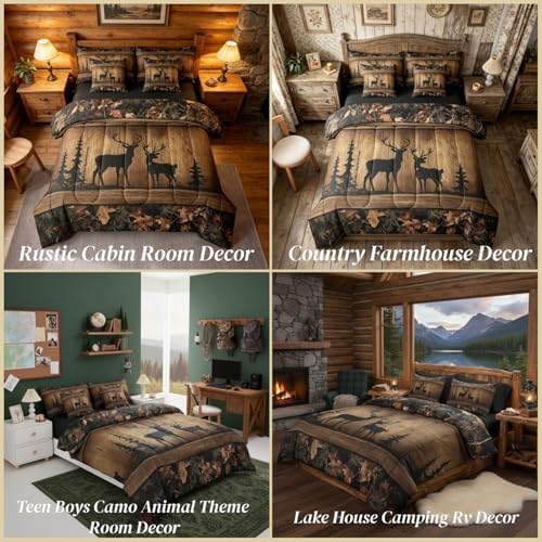 Erosebridal Rustic Cabin Bedding Sets 7 Piece Camo Hunting Deer Comforter Set Twin Farmhouse Woodland Animal Bed in A Bag for Kids Boys Teen Men,Tree Camouflage Wildlife Sheet Set with Comforter