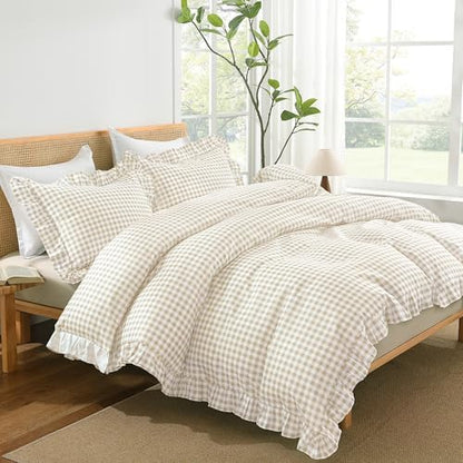 Andency Cream Gingham Duvet Cover King, Ruffle Shabby Bedding Set 3 Pcs