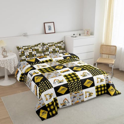 Homewish Yellow Trucks King Size Comforter Set,Kids Crane Excavator Decor All Season Bedding Set,Teens Car Grid Comforter,Under Construction Decor Quilt Set Bedroom Collection 3Pcs