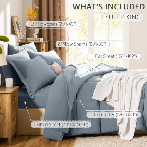 CozyLux Super King Comforter Set, 7-Piece Bed in a Bag, Grayish Blue