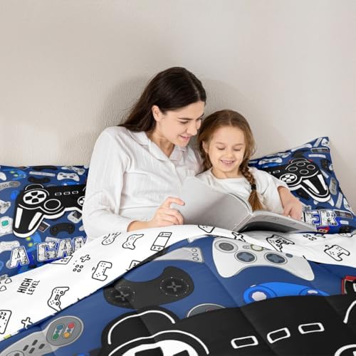 Homewish Cartoon Gamepad Bedding Set King Size,Video Games Comforter Set 3Pcs for Kids Teens Boys Girls Room Decor,Navy Blue Gaming Board Quilted Duvet Modern Fashion Down Comforter,2 Pillowcases