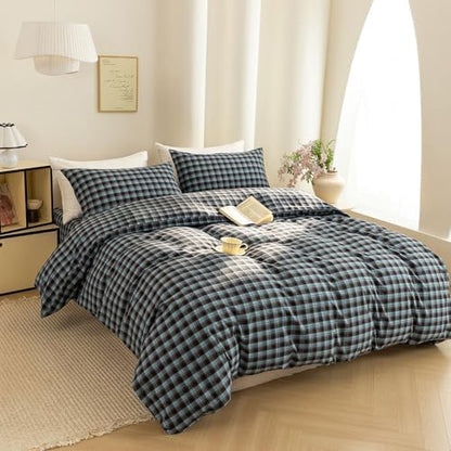 Mucalis Brown Blue Buffalo Plaid Duvet Cover King 100% Washed Cotton Vintage Checkered Duvet Cover Set 3 Piece Grid Bedding Set Zipper Closure Corner Ties,Soft Breathable Lightweight All Seasons