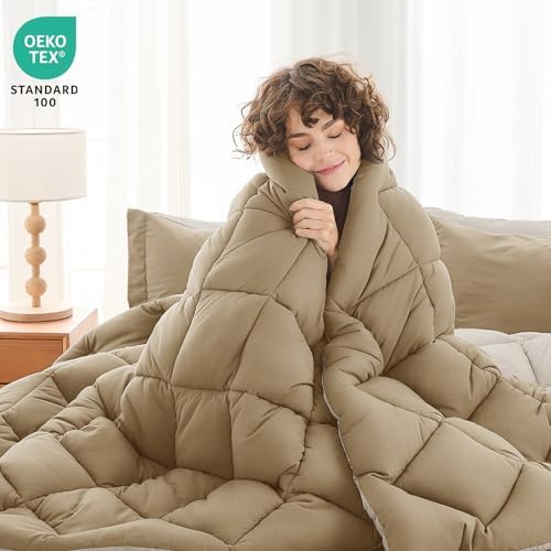 MUXHOMO 7 Pieces Full Comforter Set, Reversible Bed in a Bag Full Size, All Season Bedding Set with Comforter, Flat Sheet, Fitted Sheet, Pillowcases & Shams, Khaki & Linen