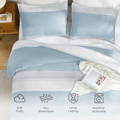 Litanika Light Blue California King Comforter Set - 3 Pieces Stripe Bed Set