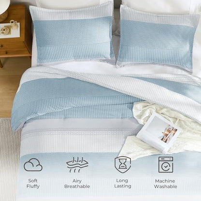Litanika Light Blue California King Comforter Set - 3 Pieces Stripe Bed Set