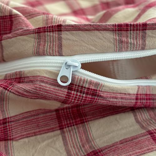 Mucalis Red Gingham Plaid Duvet Cover Queen Washed Cotton 3-Piece Beige Checkered Bedding Set Full Zipper Closure,Soft Breathable Grid Patterned Comforter Cover (1 Duvet Cover+2 Pillowcases)