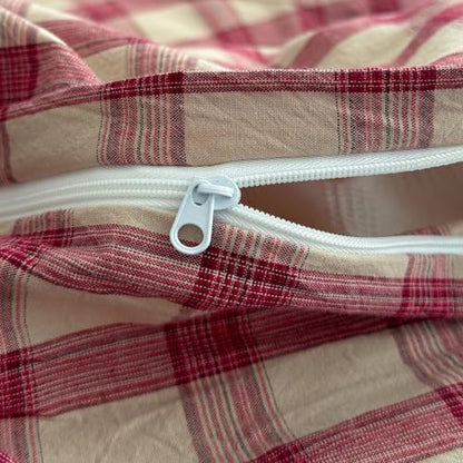 Mucalis Red Gingham Plaid Duvet Cover Queen Washed Cotton 3-Piece Beige Checkered Bedding Set Full Zipper Closure,Soft Breathable Grid Patterned Comforter Cover (1 Duvet Cover+2 Pillowcases)