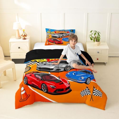 Feelyou Boys Race Car Comforter Set All Season Sports Racing Car Bedding Set with 1 Pillow Cases Extreme Sports Microfiber Kids Toddler Bedclothes Bedroom Decor Duvet Quilt Breathable Soft Lightweight