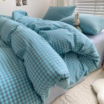LifeTB Blue Gingham Comforter Set King 3 Pieces Blue Grey Grid Checkered Pattern Comforter with 2 Pillowcases Farmhouse Gingham Grid Bedding Set Soft Fluffy Modern Geometric Plaid Comforter Set