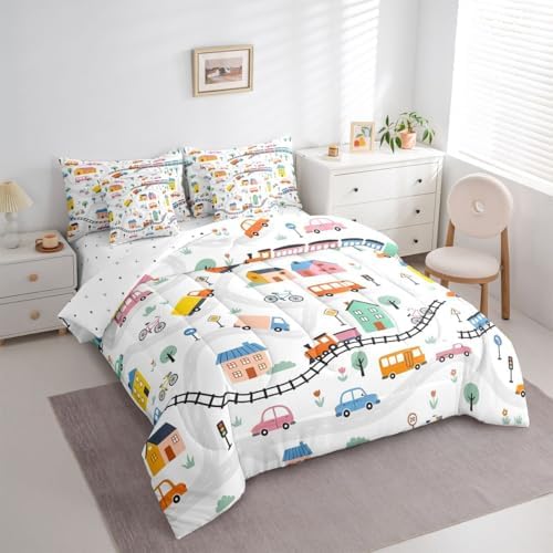 Erosebridal 7 Pcs Cartoon City Car Comforter Set Queen Size Bicycle Truck Train Kids Bedding Set with Sheets House & Tree Cityscape Bed in A Bag for Boys Girls Transportation Road & Railway Bed Sets