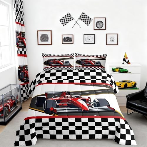 Castle Fairy Red Racing Car King Size Comforter Set,Kids Extreme Sports Theme Decor All Season Bedding Set,Teens Black White Grid Comforter,Race Car Decor Quilt Set Bedroom Collection 3Pcs