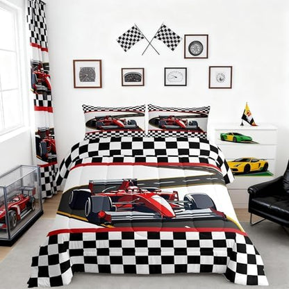 Castle Fairy Red Racing Car King Size Comforter Set,Kids Extreme Sports Theme Decor All Season Bedding Set,Teens Black White Grid Comforter,Race Car Decor Quilt Set Bedroom Collection 3Pcs