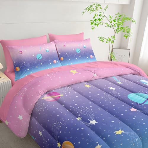 7Pcs Comforter Set Space Planet Multi Color Gradient Printed Bedding Set with 1 Comforter,1 Flat Sheet,1 Fitted Sheet and 4 Pillowcases for Boys and Girls Bedroom All Season(Full)