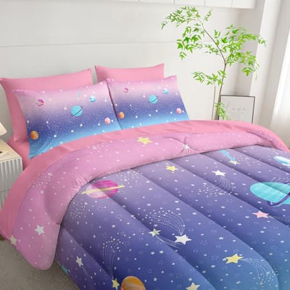 7Pcs Comforter Set Space Planet Multi Color Gradient Printed Bedding Set with 1 Comforter,1 Flat Sheet,1 Fitted Sheet and 4 Pillowcases for Boys and Girls Bedroom All Season(Twin)