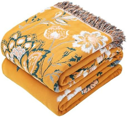 VANJOROY Boho Large Throw Blanket, 100% Organic Cotton Breathable Soft Bed Throw - Floral Bird Farmhouse Decor Blanket for Sofa Couch Chair Quilt and Gift. (Flower-Art, 80" x 90")